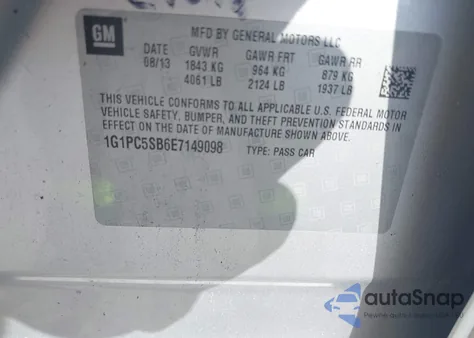 2014 Chevrolet Cruze 1Lt Auto z USA, uszkodzony, nr VIN 1G1PC5SB6E7149098